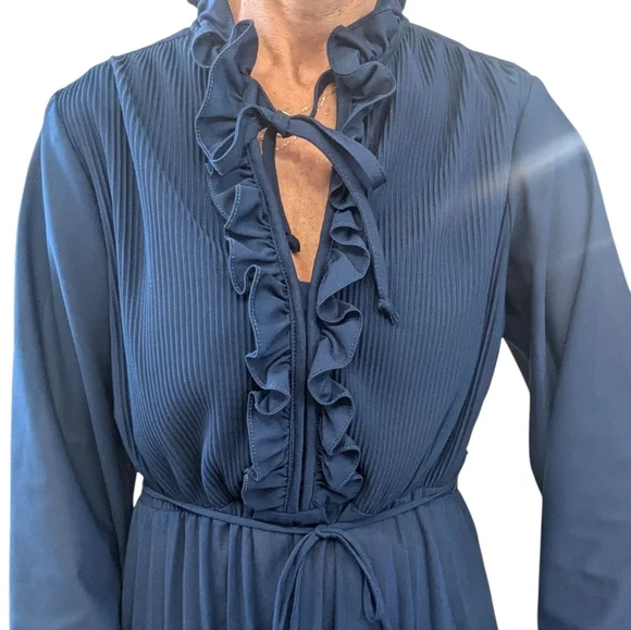Vintage Women's Sheer Navy V-Neck Ruffle Retro 80s Fashion Blouson Dress Size M - Picture 5 of 7